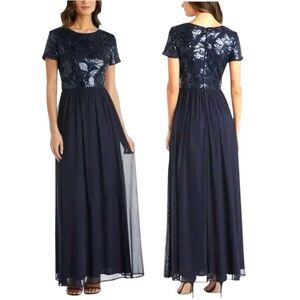 R&M Richards Navy Blue Formal Mesh and Sequin Short Sleeve Maxi Dress - Size 18W